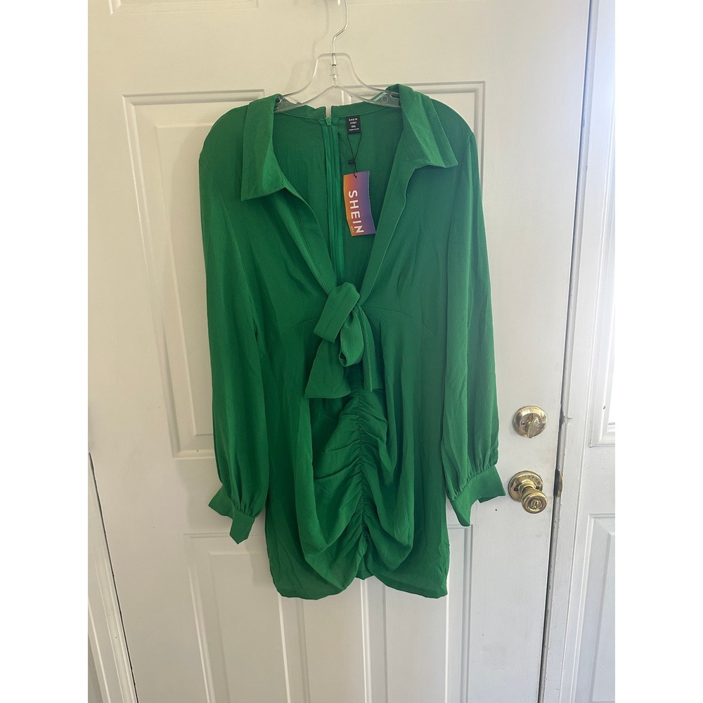 Shein Curve SXY Green Tie Front Ruched Mini Dress Long Sleeve Plus Size 0XL NWT